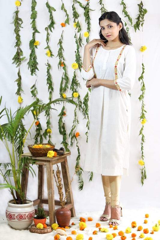 Buy Embroidered Red & Gold on White Kurti | Shop Verified Sustainable Womens Kurta on Brown Living™