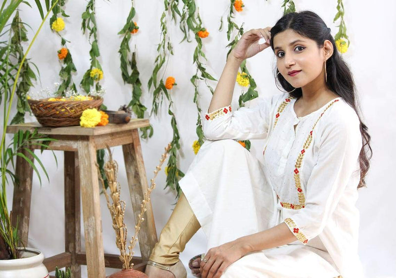 Buy Embroidered Red & Gold on White Kurti | Shop Verified Sustainable Products on Brown Living