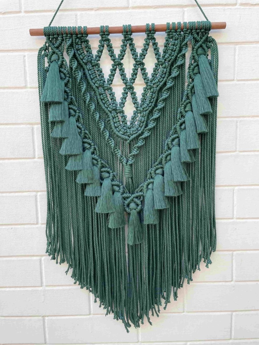 Emerald Green Macrame Cotton Wall Art with Tassels | Verified Sustainable by Brown Living™