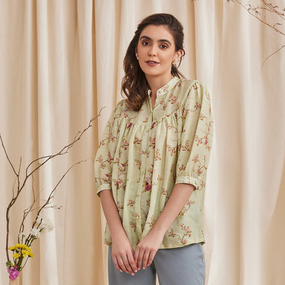 Erica - Floral Printed Bemberg Linen Shirt - Sage | Verified Sustainable by Brown Living™