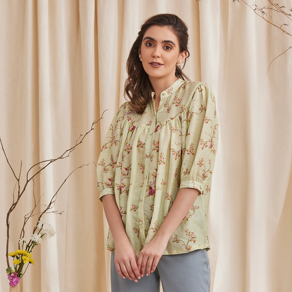 Buy Erica - Floral Printed Bemberg Linen Shirt - Sage | Shop Verified Sustainable Womens Shirt on Brown Living™