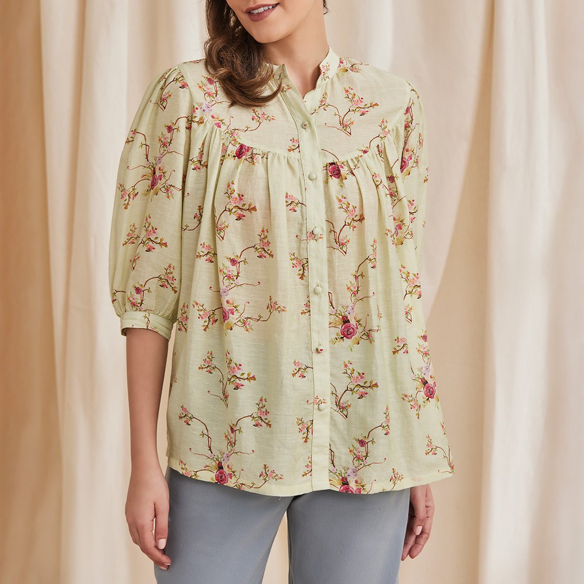 Erica - Floral Printed Bemberg Linen Shirt - Sage | Verified Sustainable by Brown Living™