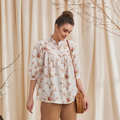 Erica - Floral Printed Bemberg Linen Shirt - White | Verified Sustainable by Brown Living™