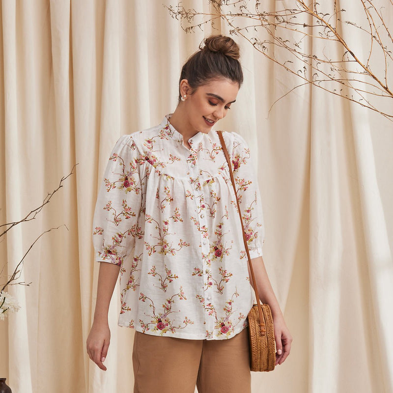Buy Erica - Floral Printed Bemberg Linen Shirt - White | Shop Verified Sustainable Womens Shirt on Brown Living™