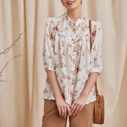 Erica - Floral Printed Bemberg Linen Shirt - White | Verified Sustainable by Brown Living™