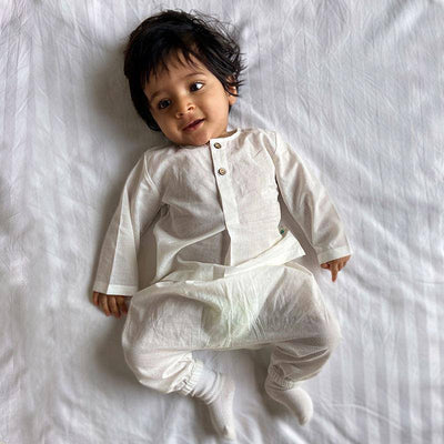 Essential White Kurta with Pants – Kids Daywear Sets on Brown Living™. SKU: 186 - 06124 - PLN - WHT - KUR+PLN - WHT - PYJ1. Img 1.