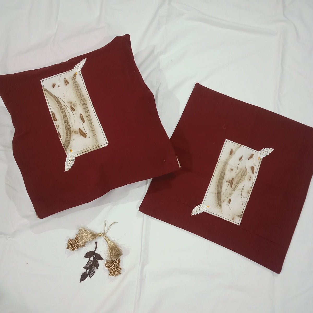 Exclusive Nilgiri Leaves & Bark Ecoprints Cushion Covers | Cotton | Set of 2 | Verified Sustainable by Brown Living™