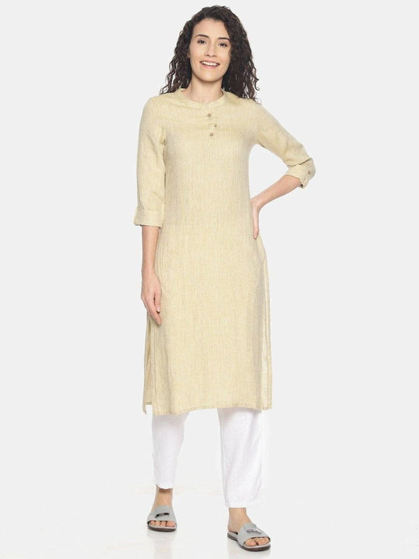 Buy Fawn Colour Solid Hemp Straight Long Kurta for Women | Shop Verified Sustainable Products on Brown Living