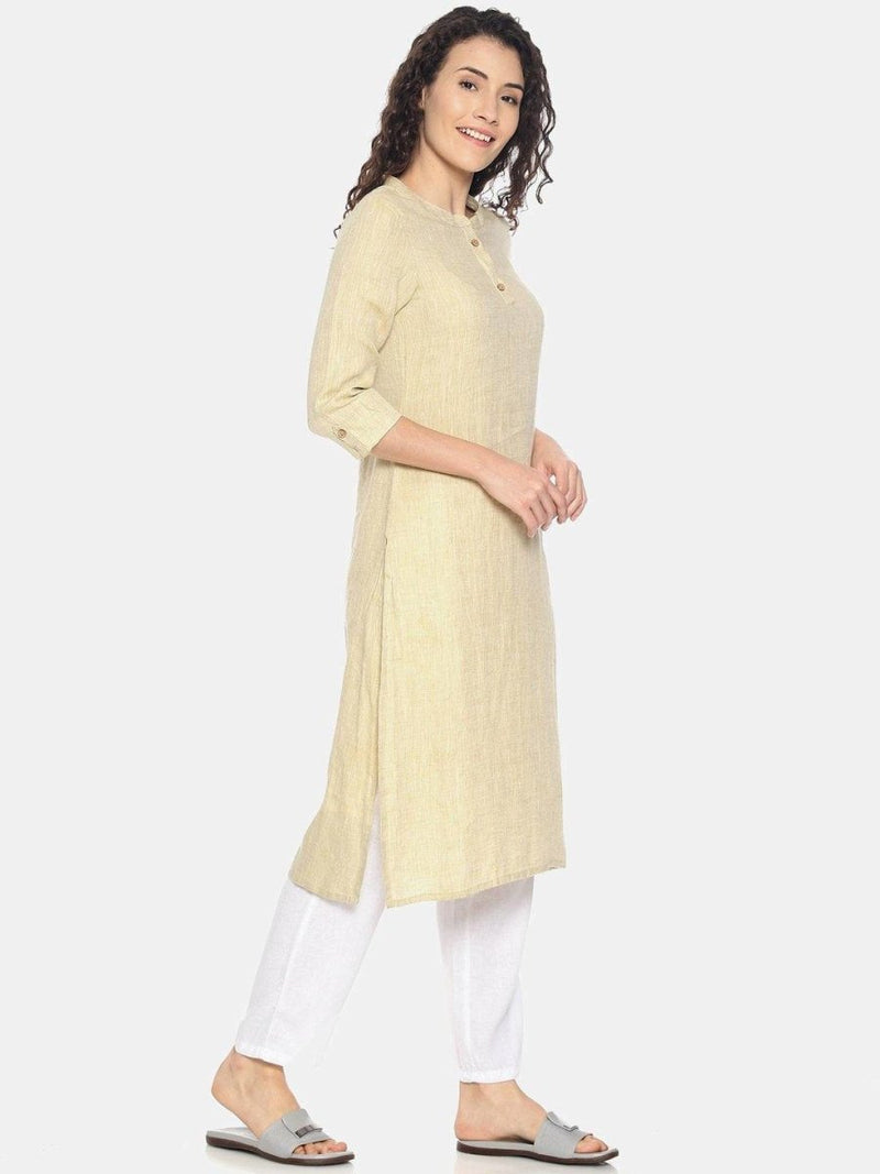 Buy Fawn Colour Solid Hemp Straight Long Kurta for Women | Shop Verified Sustainable Products on Brown Living