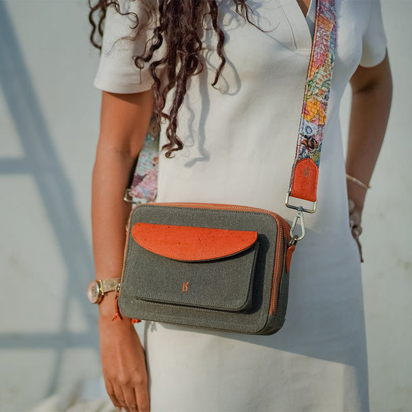 Fay Cork Crossbody- Orange and Khakhi | Verified Sustainable Womens Bag on Brown Living™