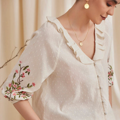 Fiona - Organic Cotton Blouse with Embroidered Sleeves - Ecru | Verified Sustainable by Brown Living™