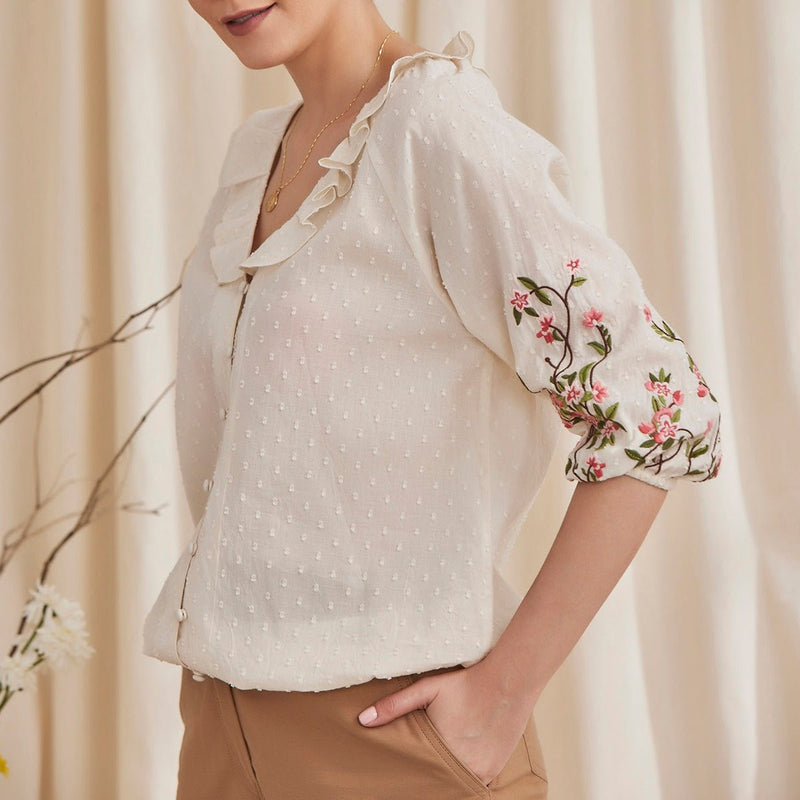 Buy Fiona - Organic Cotton Blouse with Embroidered Sleeves - Ecru | Shop Verified Sustainable Womens Top on Brown Living™