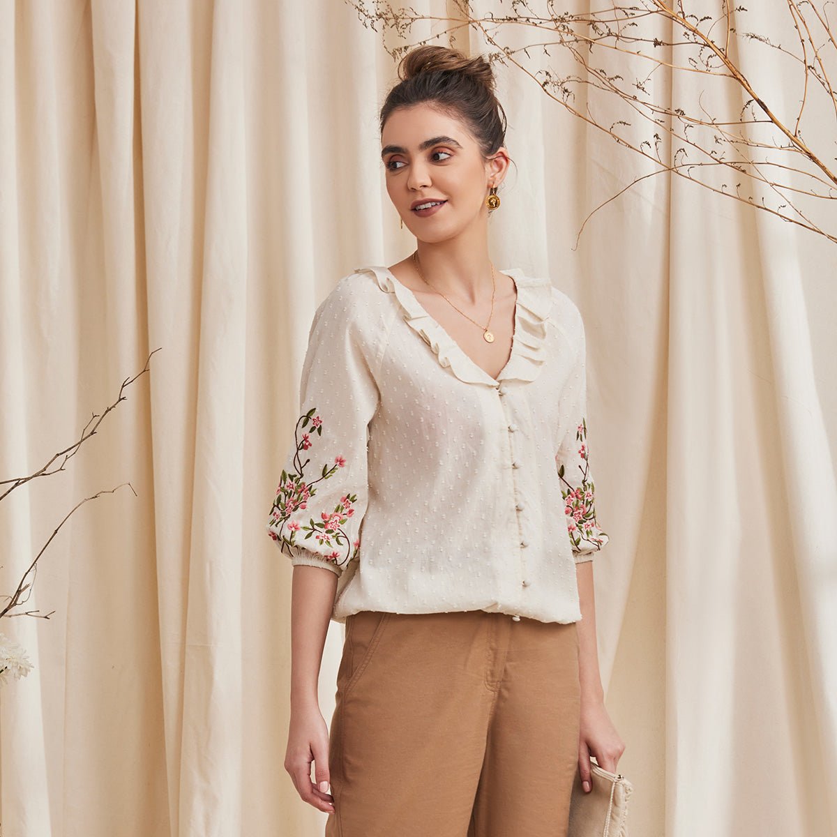 Fiona - Organic Cotton Blouse with Embroidered Sleeves - Ecru | Verified Sustainable by Brown Living™