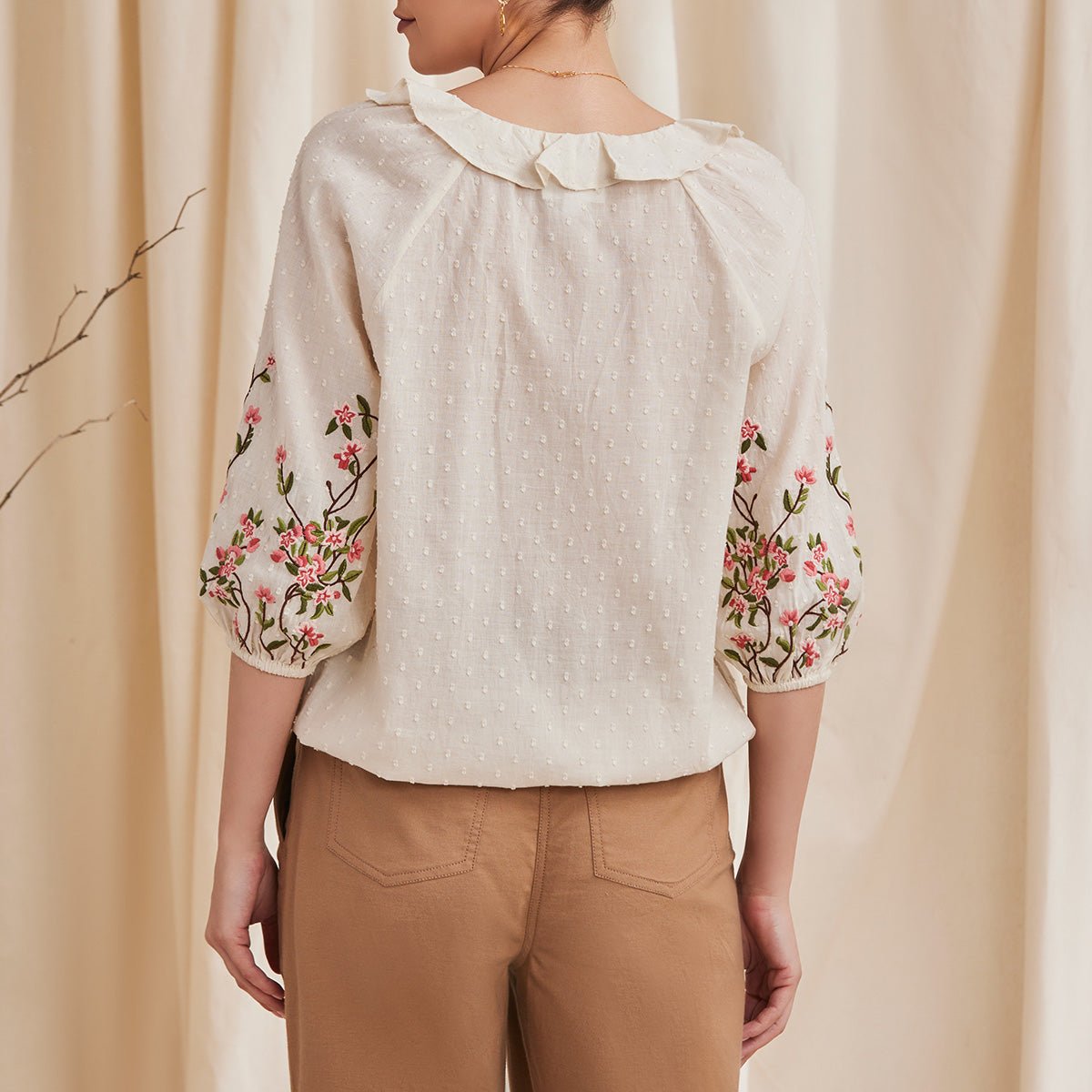 Fiona - Organic Cotton Blouse with Embroidered Sleeves - Ecru | Verified Sustainable by Brown Living™