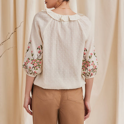 Fiona - Organic Cotton Blouse with Embroidered Sleeves - Ecru | Verified Sustainable by Brown Living™