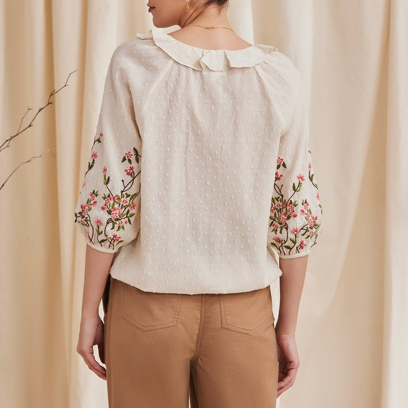 Buy Fiona - Organic Cotton Blouse with Embroidered Sleeves - Ecru | Shop Verified Sustainable Products on Brown Living