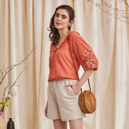 Fiona - Organic Cotton Blouse with Embroidered Sleeves - Orange | Verified Sustainable by Brown Living™