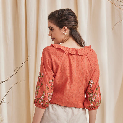 Fiona - Organic Cotton Blouse with Embroidered Sleeves - Orange | Verified Sustainable by Brown Living™