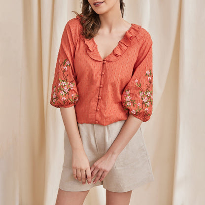 Fiona - Organic Cotton Blouse with Embroidered Sleeves - Orange | Verified Sustainable by Brown Living™