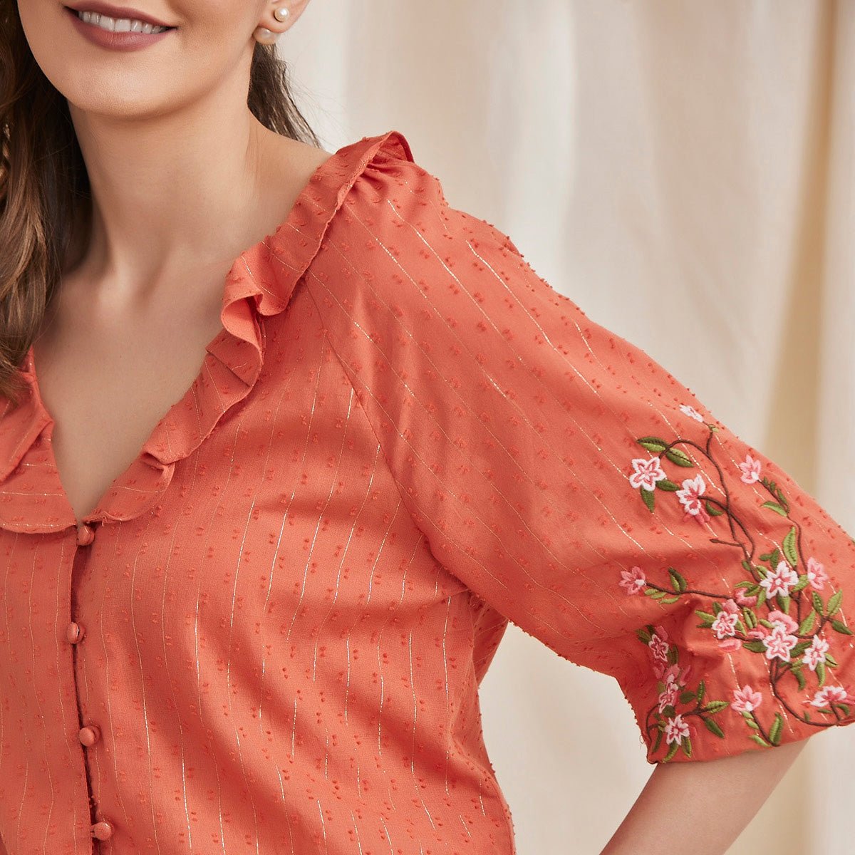 Fiona - Organic Cotton Blouse with Embroidered Sleeves - Orange | Verified Sustainable by Brown Living™