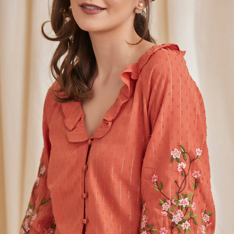 Buy Fiona - Organic Cotton Blouse with Embroidered Sleeves - Orange | Shop Verified Sustainable Womens Top on Brown Living™