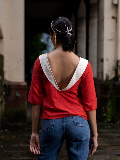 Fire Red Top | 100% Handwoven Cotton Fabric | Stylish Red Top with Inverse Lapel Collar – Womens Top on Brown Living™. SKU: UFR - XS. Img 2.
