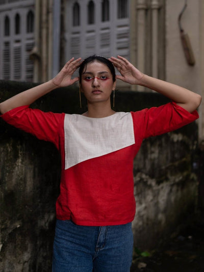 Fire Red Top | 100% Handwoven Cotton Fabric | Stylish Red Top with Inverse Lapel Collar – Womens Top on Brown Living™. SKU: UFR - XS. Img 1.