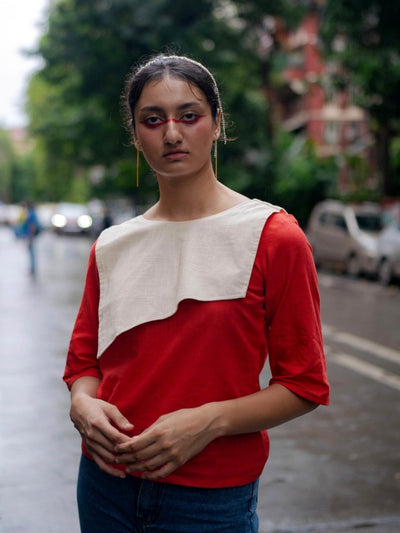 Fire Red Top | 100% Handwoven Cotton Fabric | Stylish Red Top with Inverse Lapel Collar – Womens Top on Brown Living™. SKU: UFR - XS. Img 3.