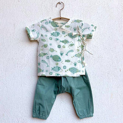 Fish Print Angarakha Top with Pants – Kids Daywear Sets on Brown Living™. SKU: KOI - MNT - ANGPJ - 03. Img 1.
