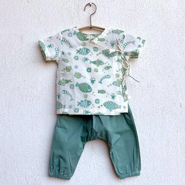 Buy Fish Print Angarakha Top with Mint Pants | Shop Verified Sustainable Kids Daywear Sets on Brown Living™