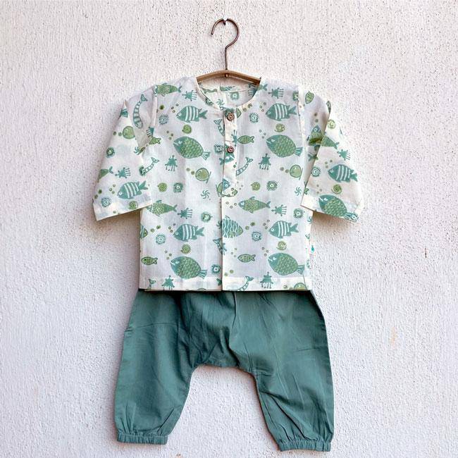 Buy Fish Print Kurta with Mint Pants | Shop Verified Sustainable Kids Daywear Sets on Brown Living™