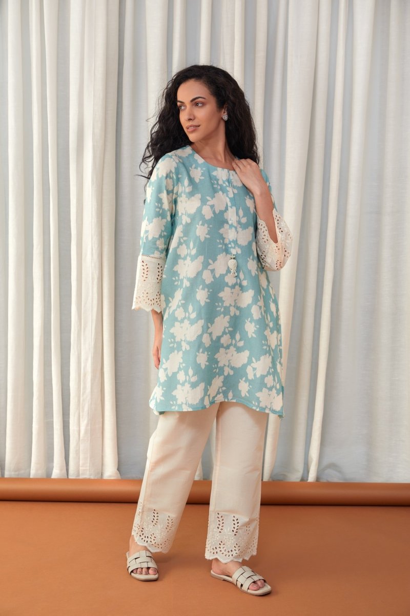 Flared Aqua Cutwork Linen Co-ord Set | Verified Sustainable Womens Co-Ord Sets on Brown Living™
