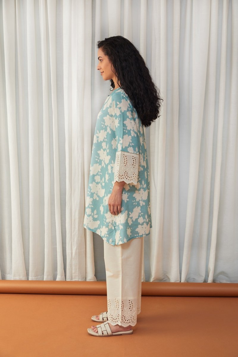 Flared Aqua Cutwork Linen Co-ord Set | Verified Sustainable Womens Co-Ord Sets on Brown Living™