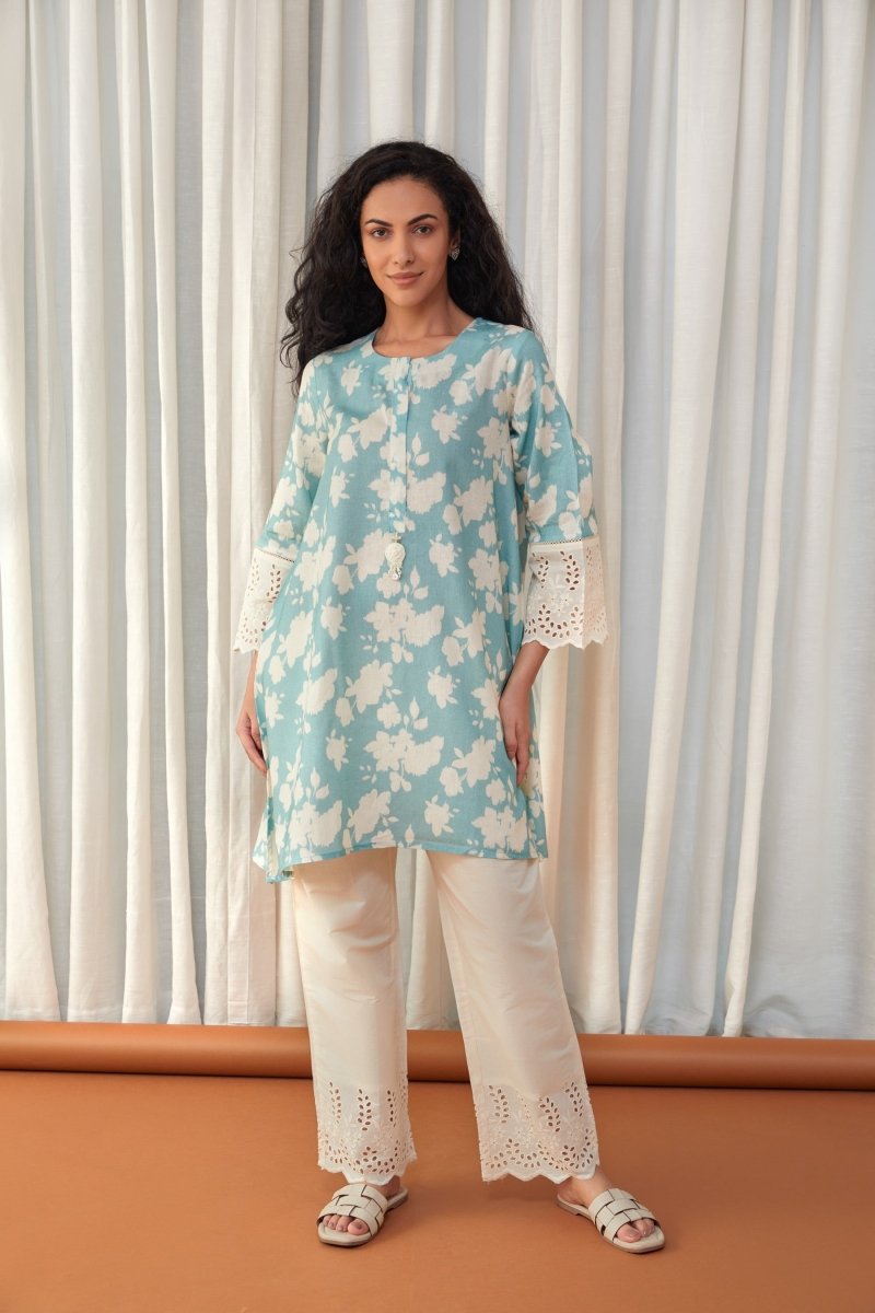 Flared Aqua Cutwork Linen Co - ord Set | Verified Sustainable by Brown Living™