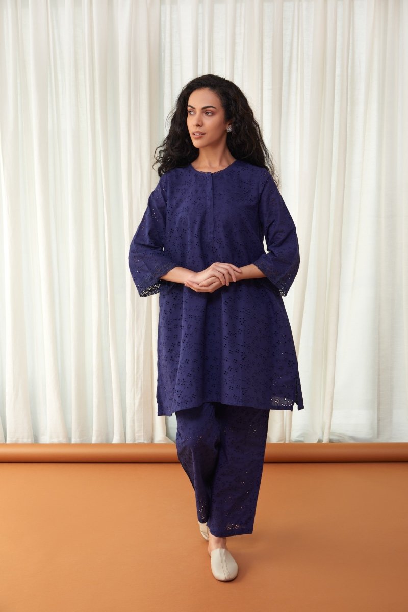 Flared Midnight Blue Cutwork Cotton Co-ord Set | Verified Sustainable Womens Co-Ord Sets on Brown Living™