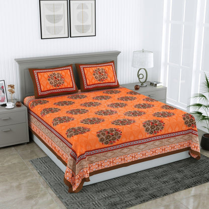 Jaipuri Hand Printed Queen Size Cotton Brown Bedsheet with Pillow Covers | Verified Sustainable by Brown Living™