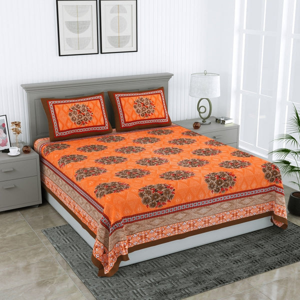 Buy Floral Jaipuri Hand Printed Queen Size Cotton Brown Bedsheet with Pillow Covers | Shop Verified Sustainable Bed Linens on Brown Living™