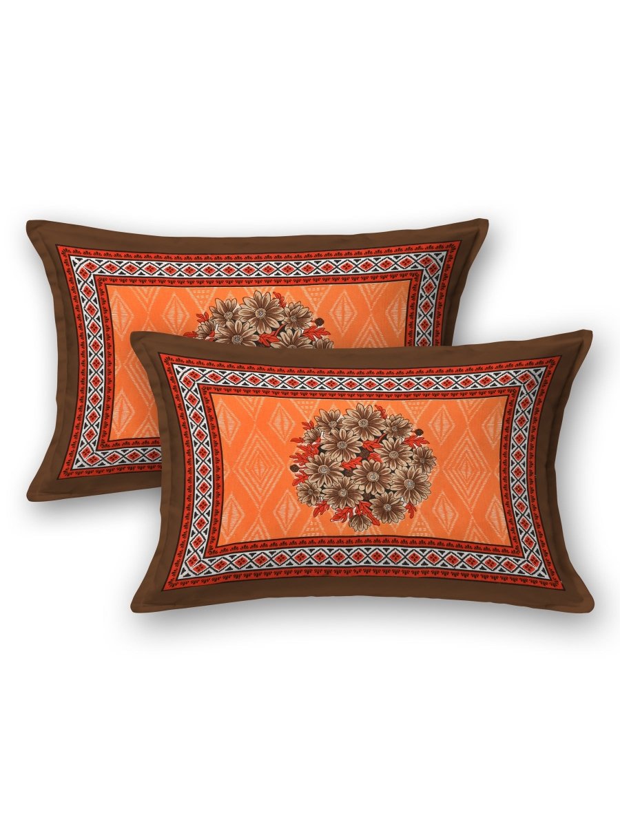 Jaipuri Hand Printed Queen Size Cotton Brown Bedsheet with Pillow Covers | Verified Sustainable by Brown Living™