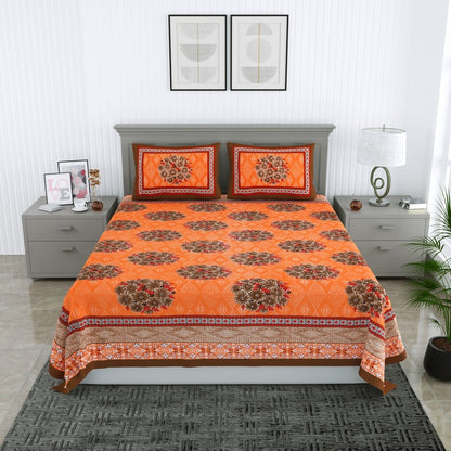 Jaipuri Hand Printed Queen Size Cotton Brown Bedsheet with Pillow Covers | Verified Sustainable by Brown Living™