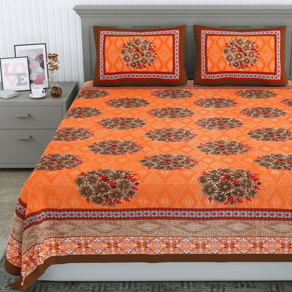 Jaipuri Hand Printed Queen Size Cotton Brown Bedsheet with Pillow Covers | Verified Sustainable by Brown Living™