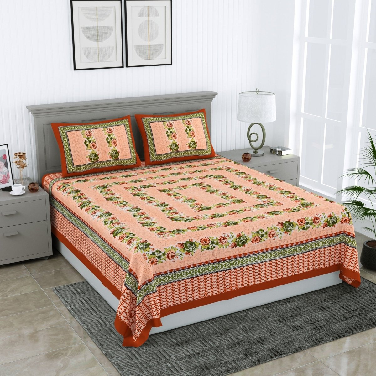 Jaipuri Hand Printed Queen Size Cotton Green Bedsheet with Pillow Covers | Verified Sustainable by Brown Living™