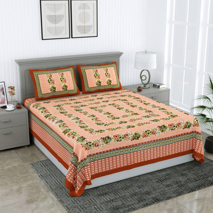 Jaipuri Hand Printed Queen Size Cotton Green Bedsheet with Pillow Covers | Verified Sustainable by Brown Living™