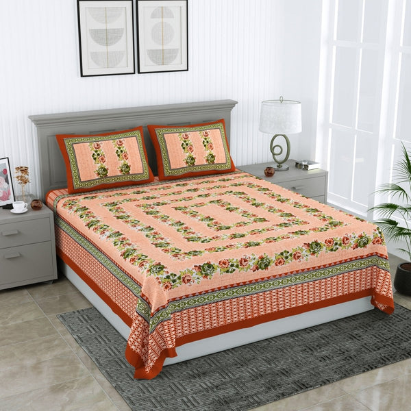 Buy Floral Jaipuri Hand Printed Queen Size Cotton Green Bedsheet with Pillow Covers | Shop Verified Sustainable Products on Brown Living
