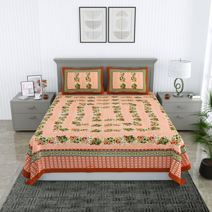Jaipuri Hand Printed Queen Size Cotton Green Bedsheet with Pillow Covers | Verified Sustainable by Brown Living™