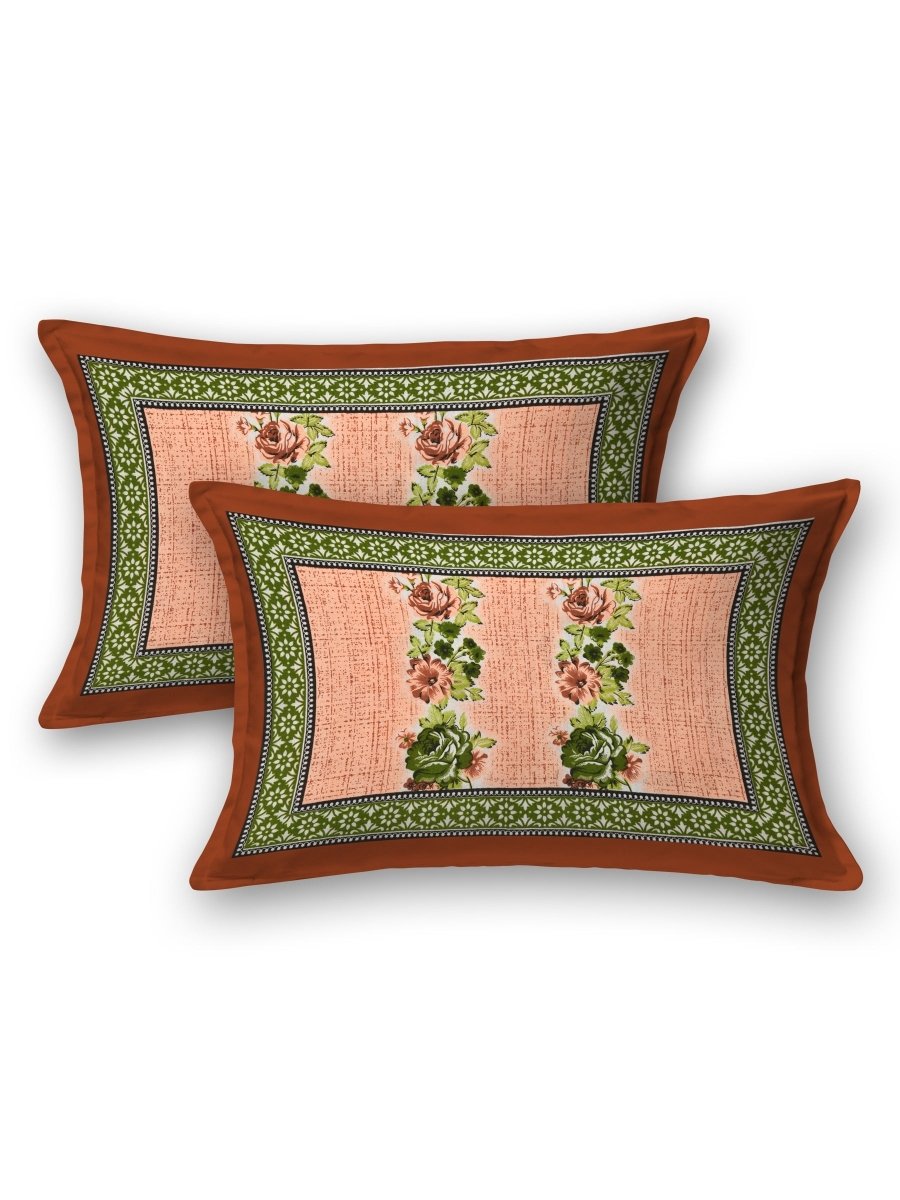 Jaipuri Hand Printed Queen Size Cotton Green Bedsheet with Pillow Covers | Verified Sustainable by Brown Living™