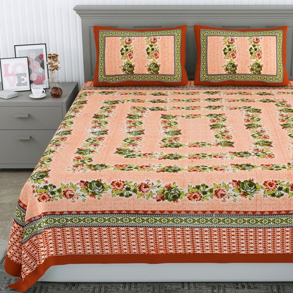Jaipuri Hand Printed Queen Size Cotton Green Bedsheet with Pillow Covers | Verified Sustainable by Brown Living™