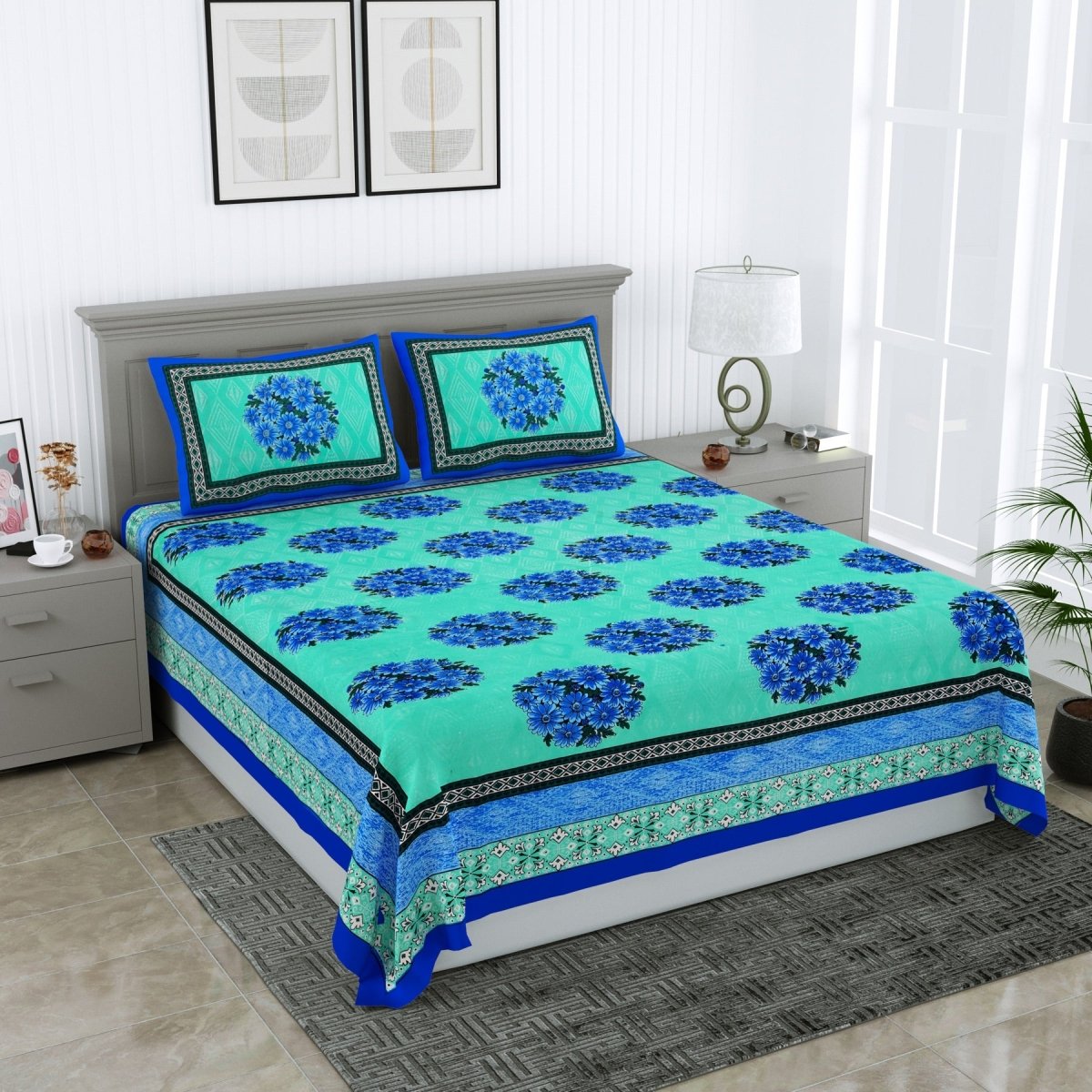 Jaipuri Hand Printed Queen Size Cotton Grey Bedsheet with Pillow Covers | Verified Sustainable by Brown Living™