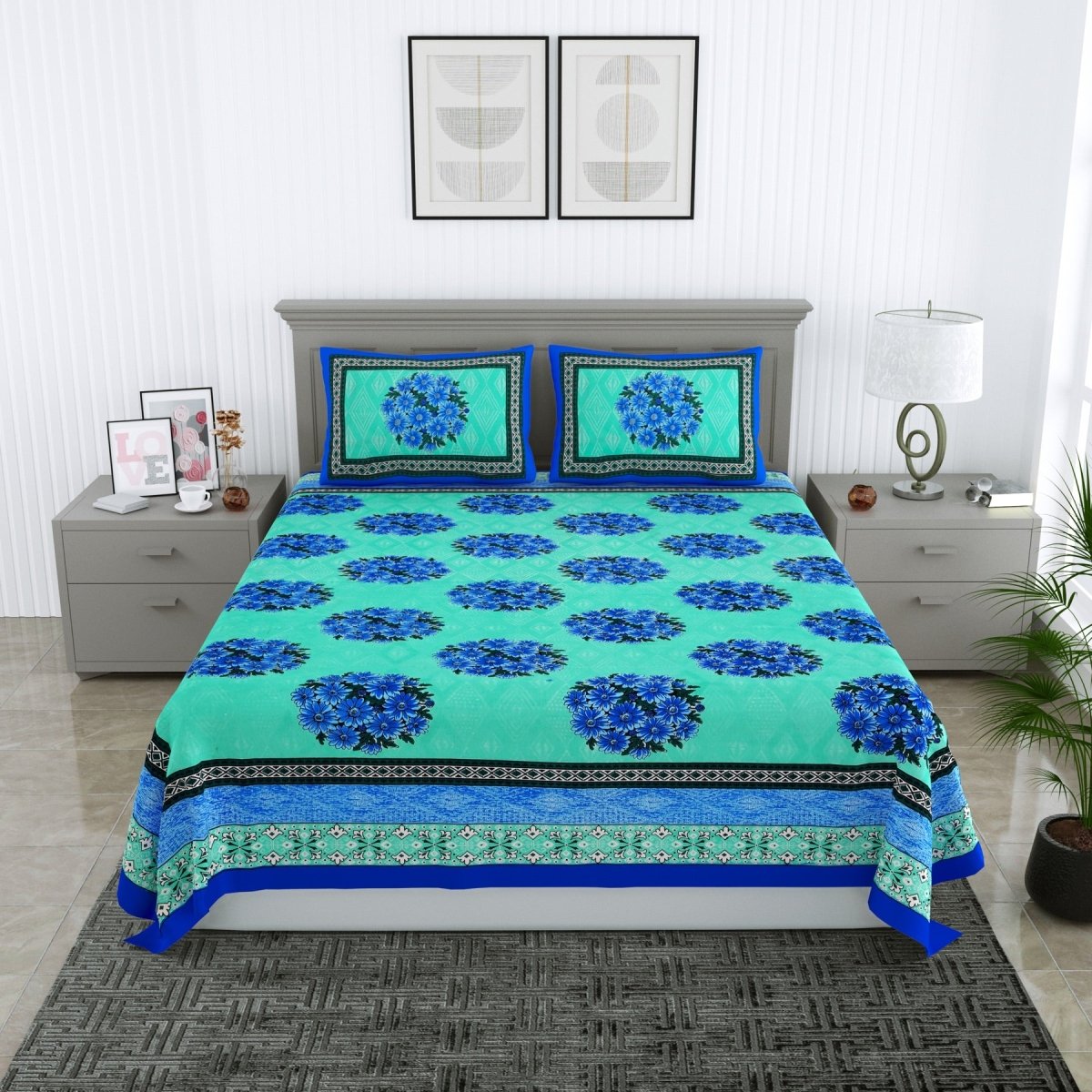 Jaipuri Hand Printed Queen Size Cotton Grey Bedsheet with Pillow Covers | Verified Sustainable by Brown Living™