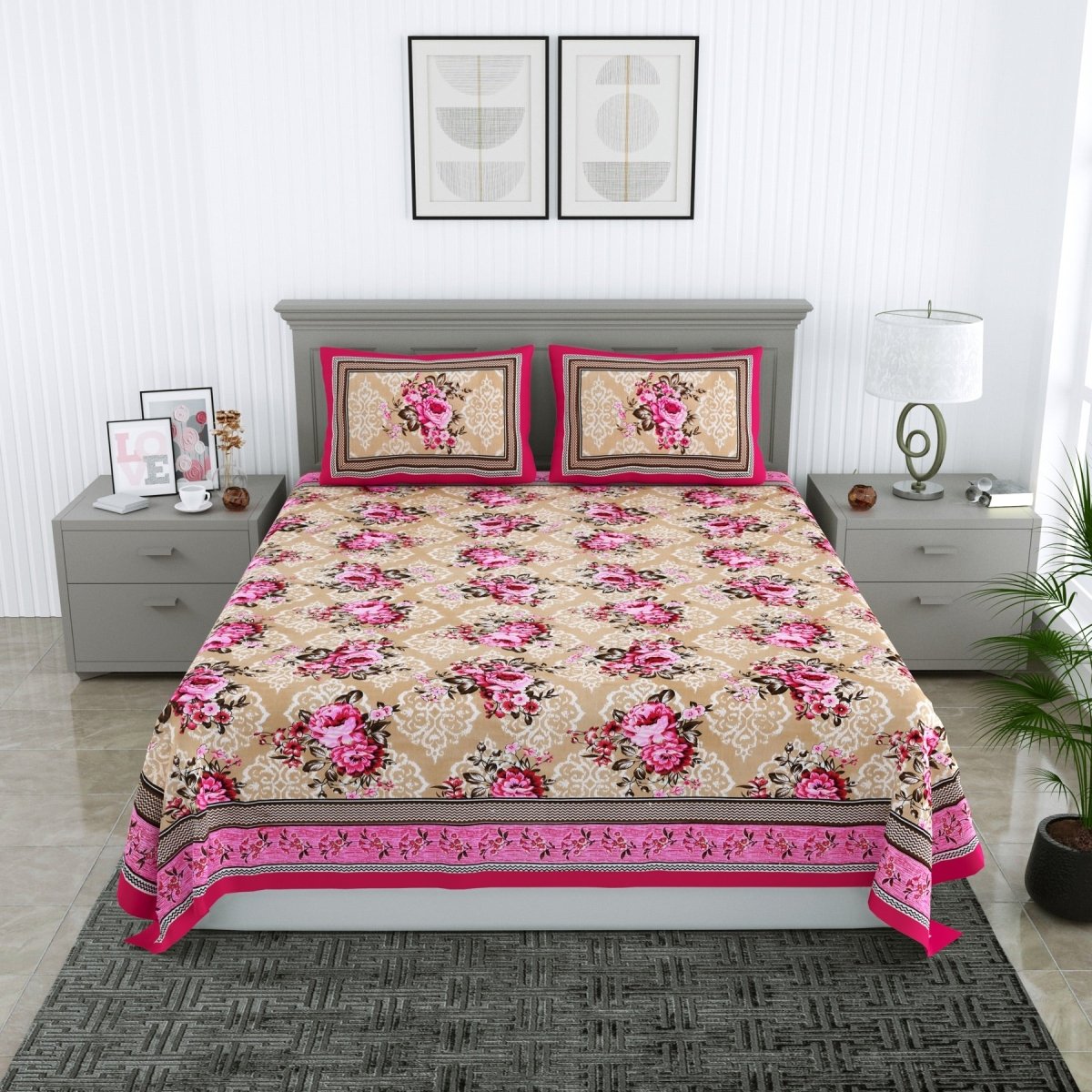 Floral Jaipuri Hand Printed Queen Size Cotton Maroon Bedsheet with Pillow Covers | Verified Sustainable by Brown Living™