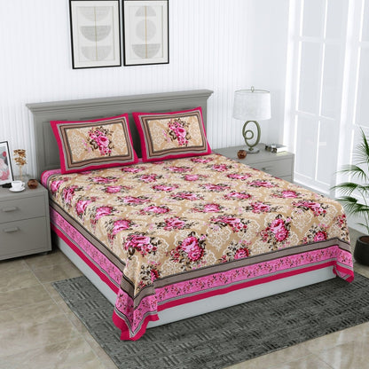Floral Jaipuri Hand Printed Queen Size Cotton Maroon Bedsheet with Pillow Covers | Verified Sustainable by Brown Living™